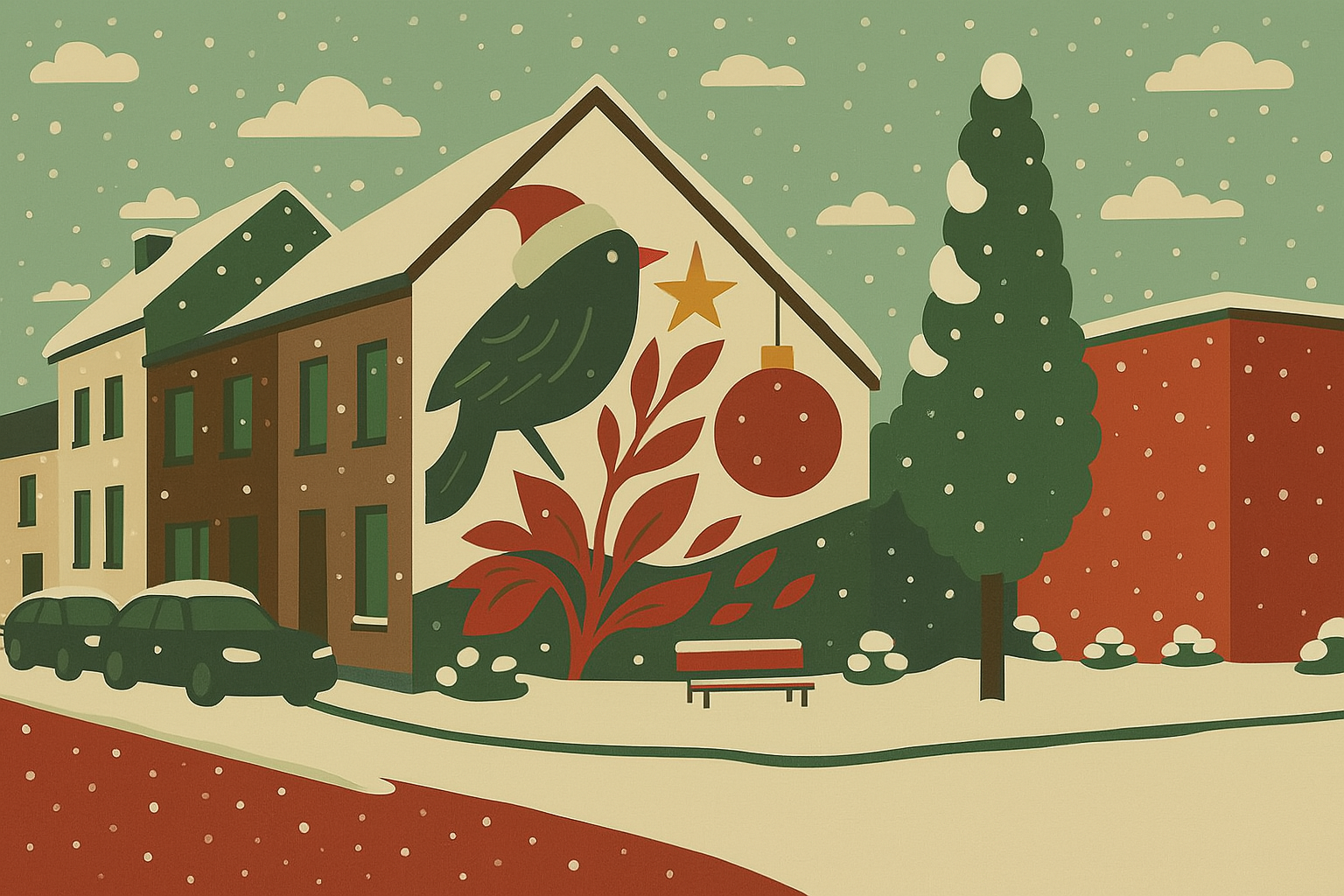 Winter scene with buildings, Christmas tree, and falling snow